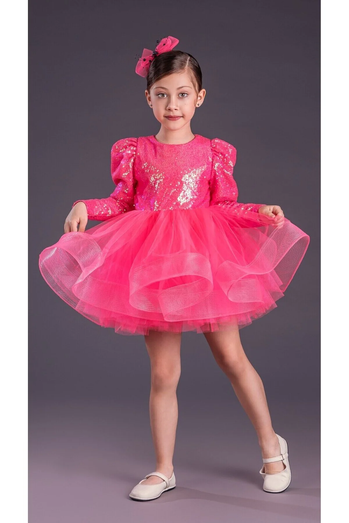 Pembe Balon Omuz Kollu Payetli Balo Gösteri Kıyafeti 23 Nisan Çocuk Abiyesi