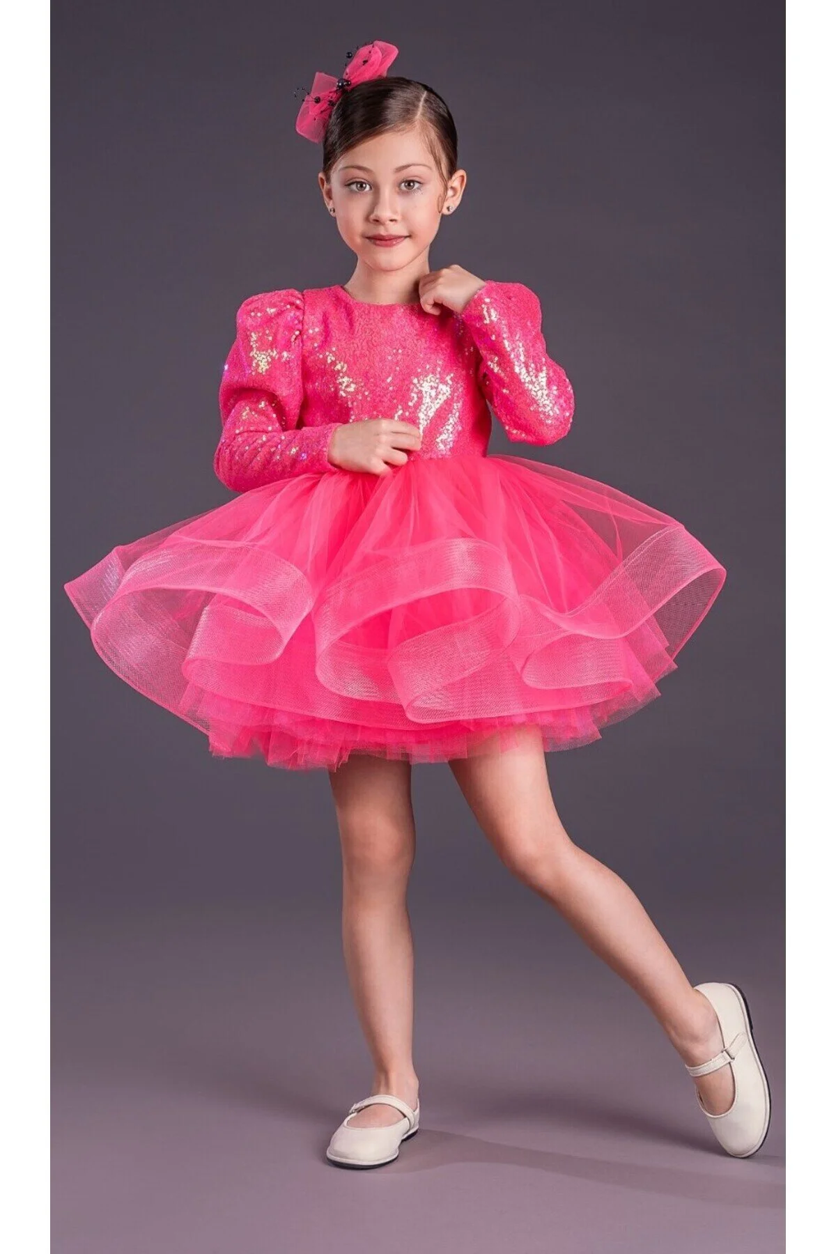 Pembe Balon Omuz Kollu Payetli Balo Gösteri Kıyafeti 23 Nisan Çocuk Abiyesi