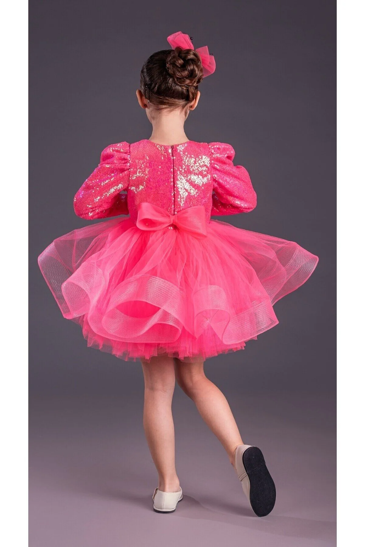 Pembe Balon Omuz Kollu Payetli Balo Gösteri Kıyafeti 23 Nisan Çocuk Abiyesi