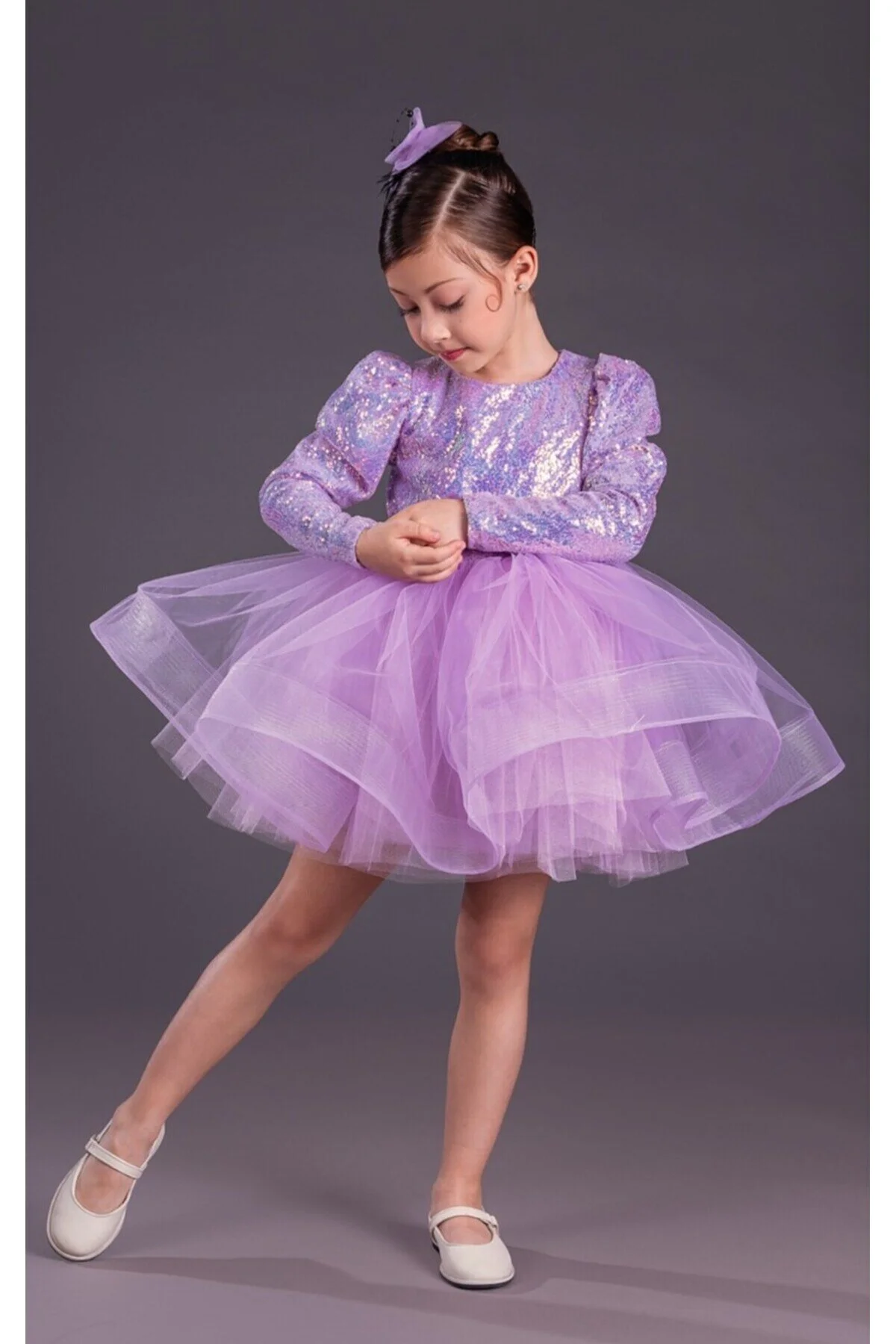 Lila Balon Omuz Kollu Payetli Balo Gösteri Kıyafeti 23 Nisan Çocuk Abiyesi