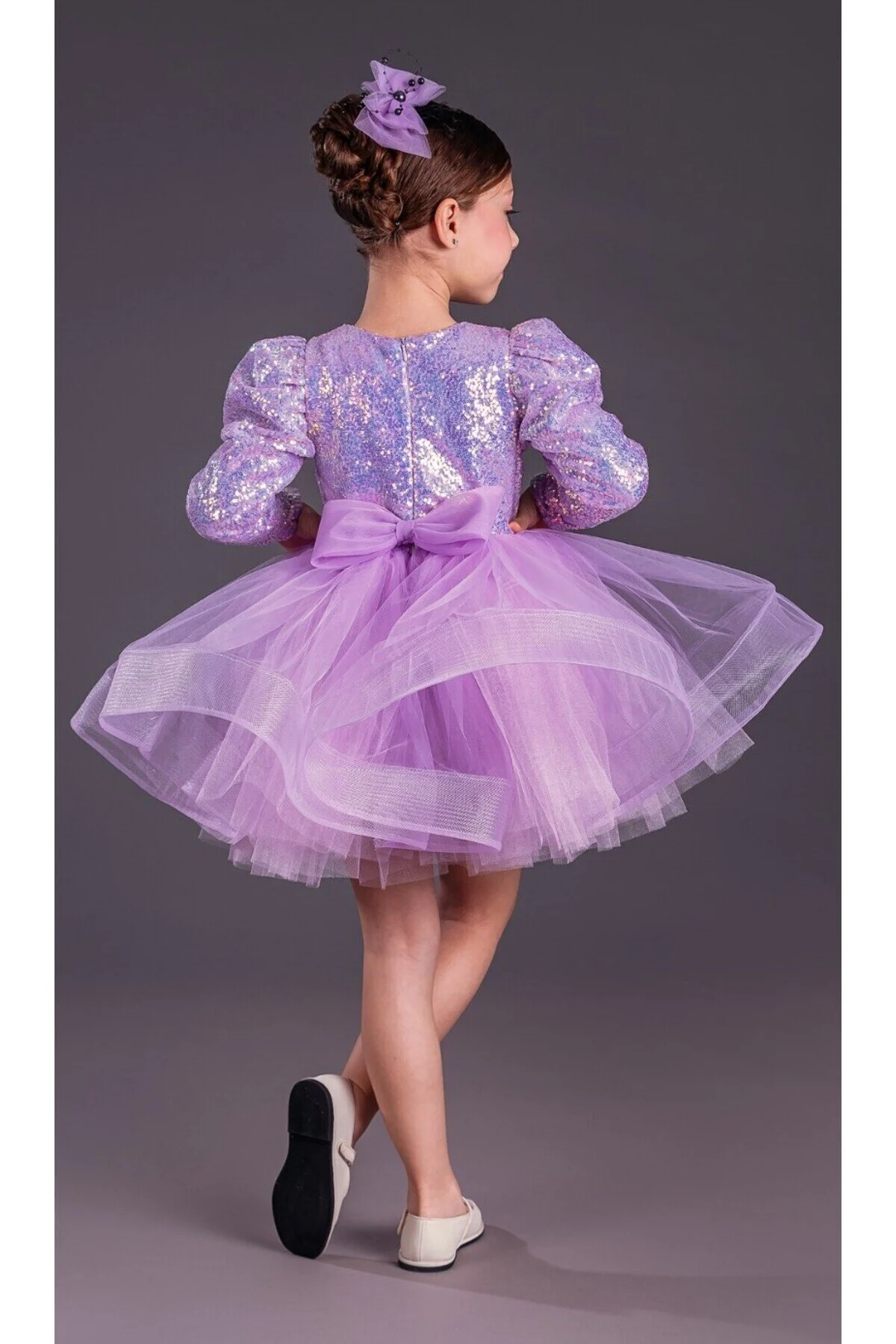 Lila Balon Omuz Kollu Payetli Balo Gösteri Kıyafeti 23 Nisan Çocuk Abiyesi