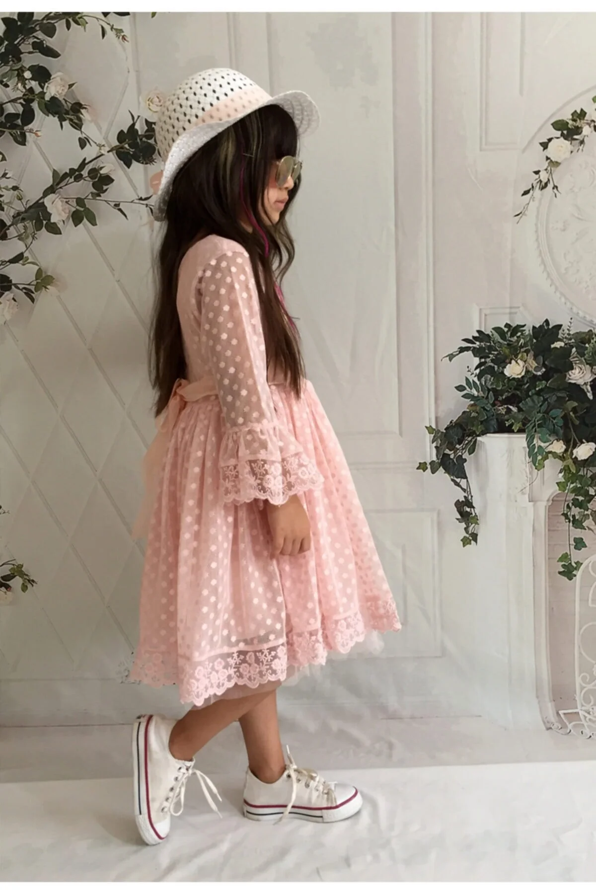 Şapkalı, Güpürlü, Prenses Model Kız Çoçuk Elbisesi