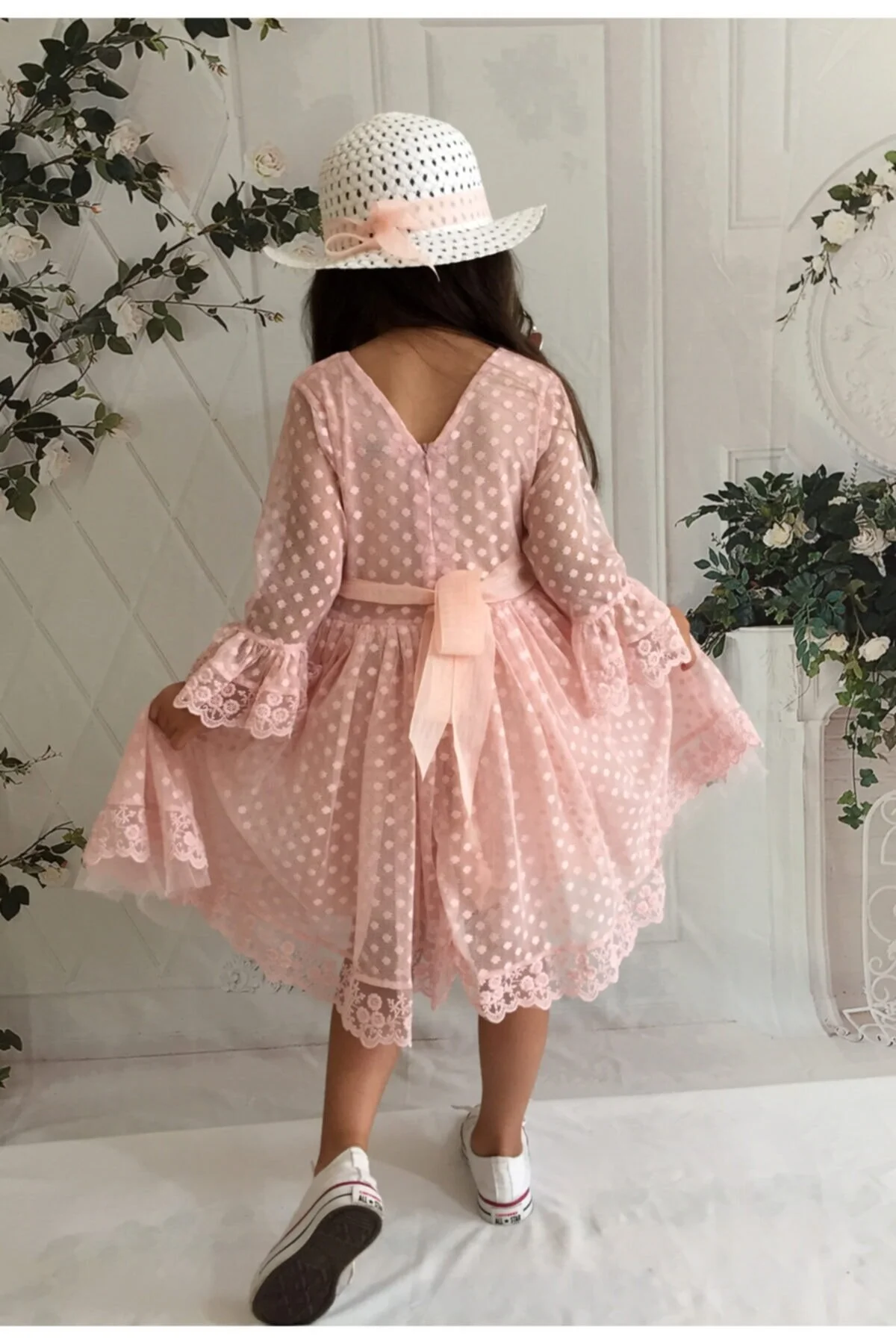 Şapkalı, Güpürlü, Prenses Model Kız Çoçuk Elbisesi