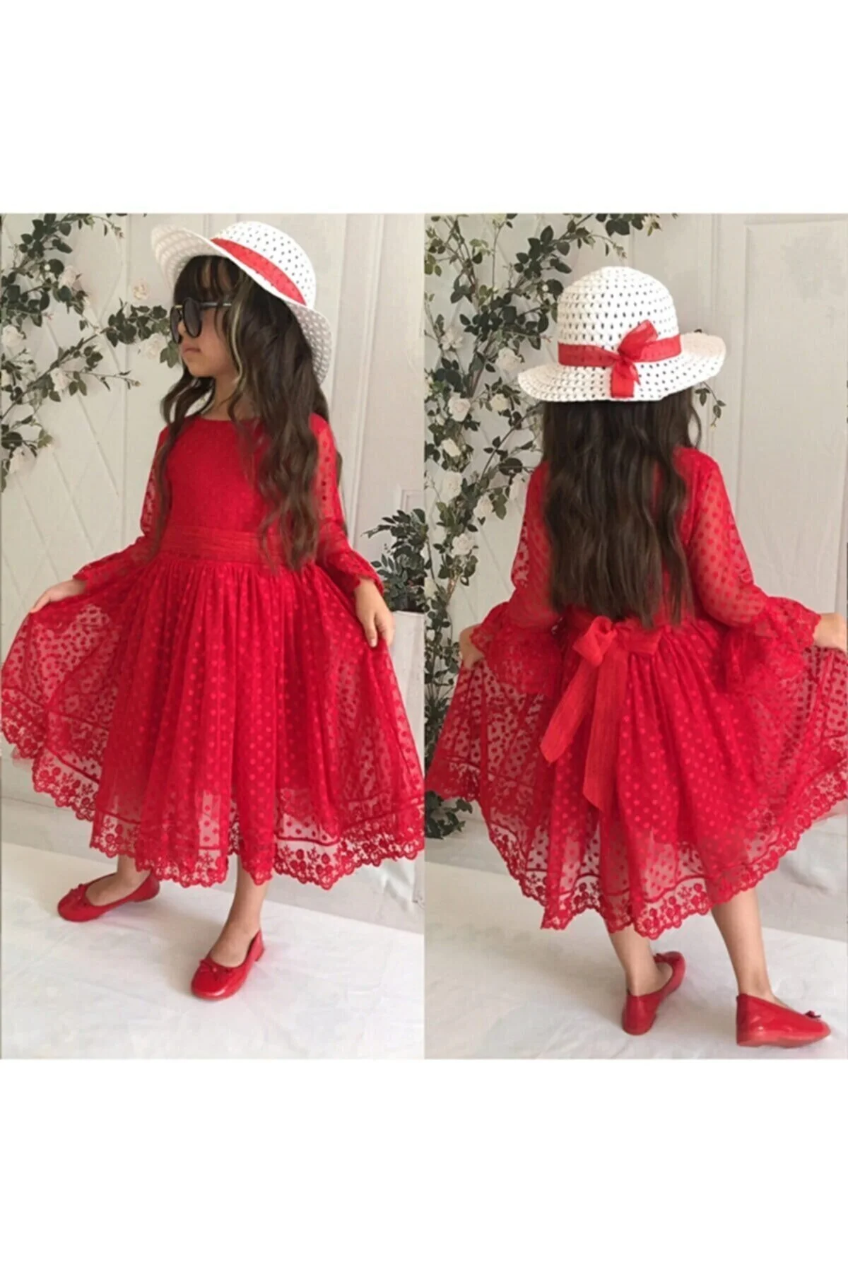 Şapkalı, Güpürlü, Prenses Model Kız Çoçuk Elbisesi