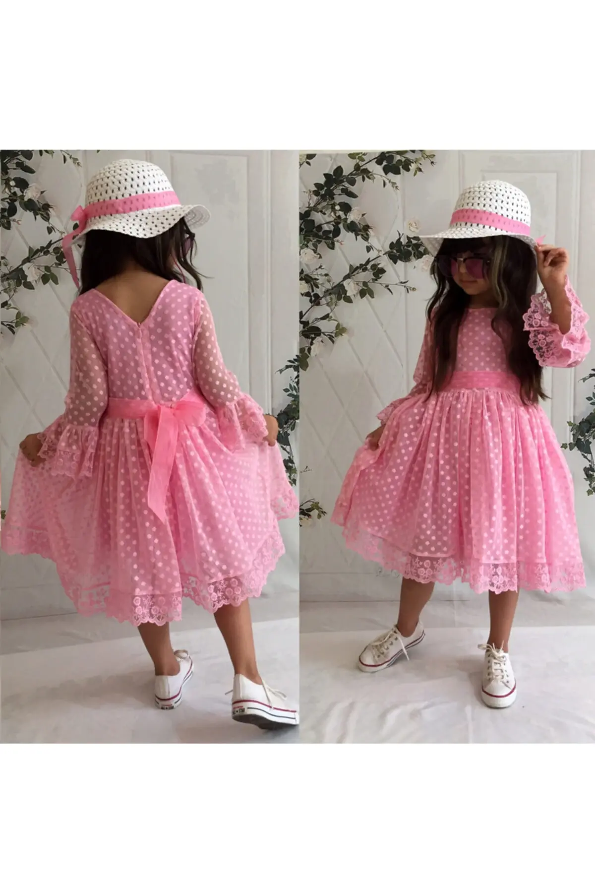 Şapkalı Güpürlü Prenses Model Kız Çoçuk Elbisesi