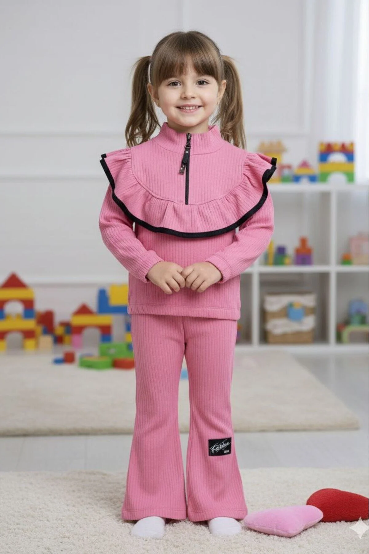 İspanyol Paça Yaka Detaylı Anaokulu Okul öncesi Kreşlik Pembe Çocuk Takım