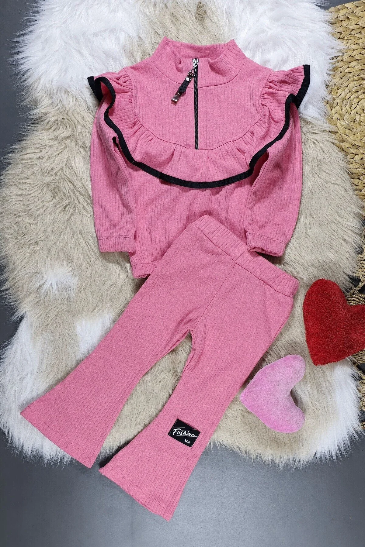 İspanyol Paça Yaka Detaylı Anaokulu Okul öncesi Kreşlik Pembe Çocuk Takım