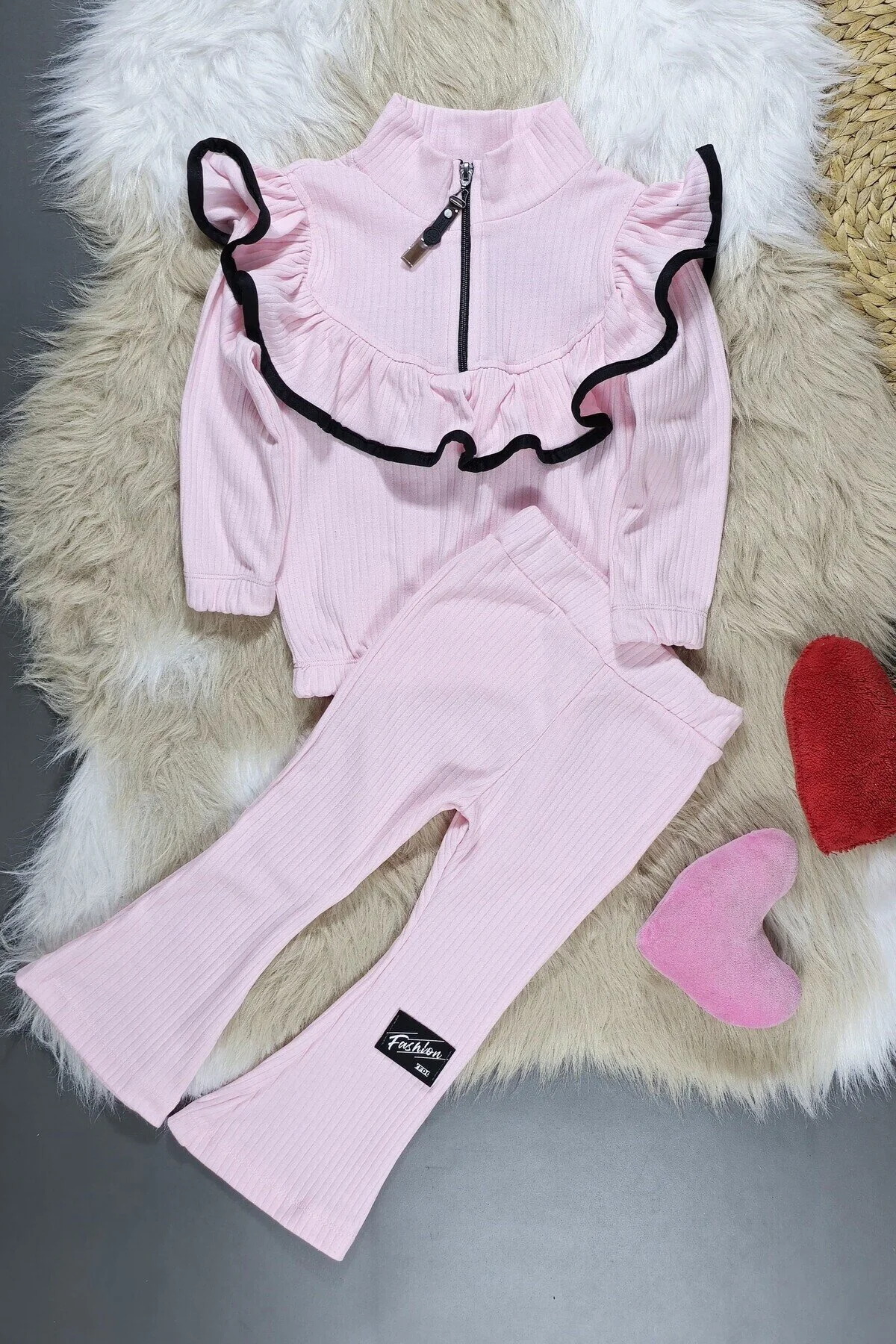 İspanyol Paça Yaka Detaylı Anaokulu Okul öncesi Kreşlik Tozpembe Çocuk Takım