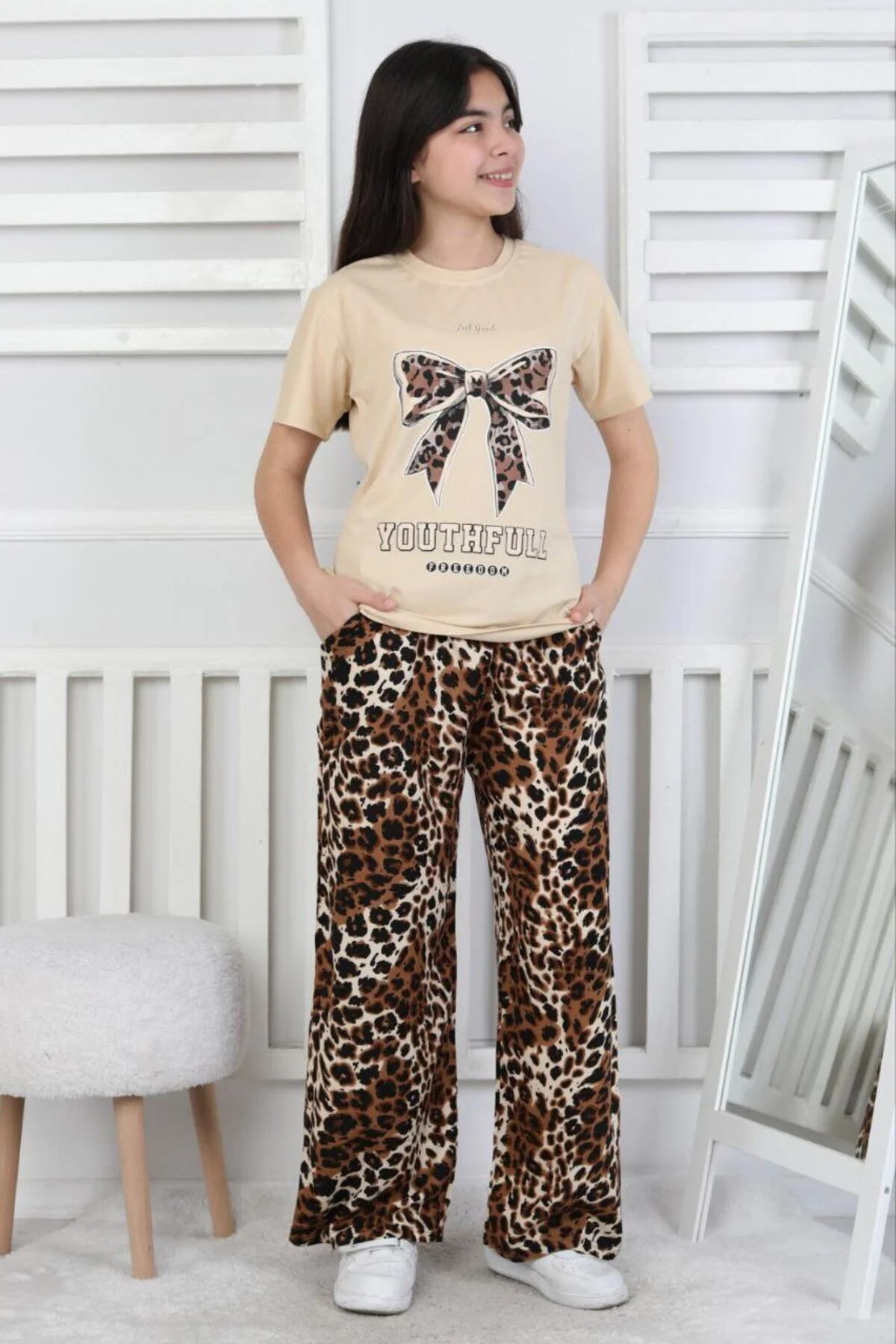 Leopar Desenli Alt-Üst Günlük Bayramlık Çocuk Takım 6/14 Yaş Arası