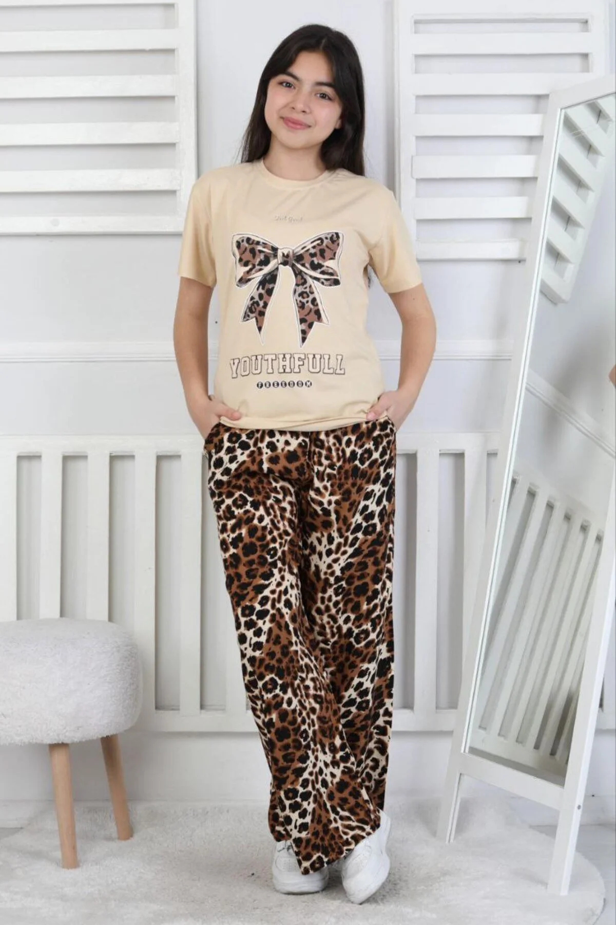 Leopar Desenli Alt-Üst Günlük Bayramlık Çocuk Takım 6/14 Yaş Arası