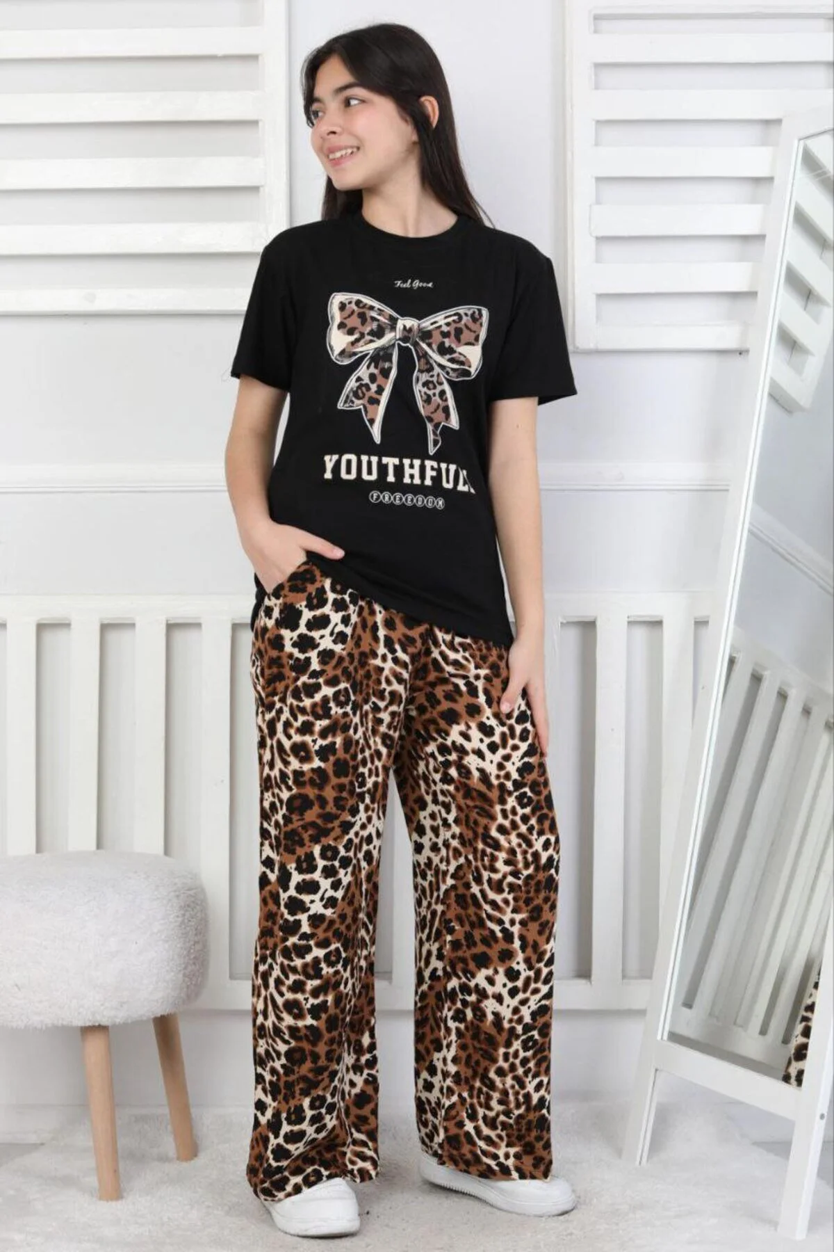 Leopar Desenli Alt-Üst Günlük Bayramlık Çocuk Takım 6/14 Yaş Arası