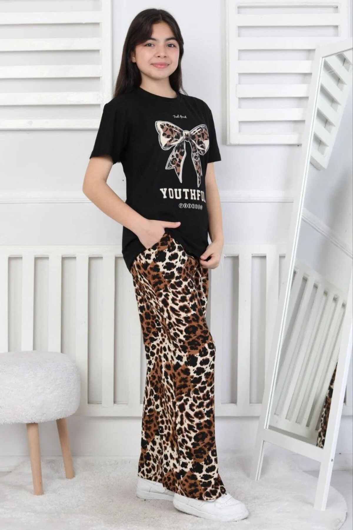 Leopar Desenli Alt-Üst Günlük Bayramlık Çocuk Takım 6/14 Yaş Arası