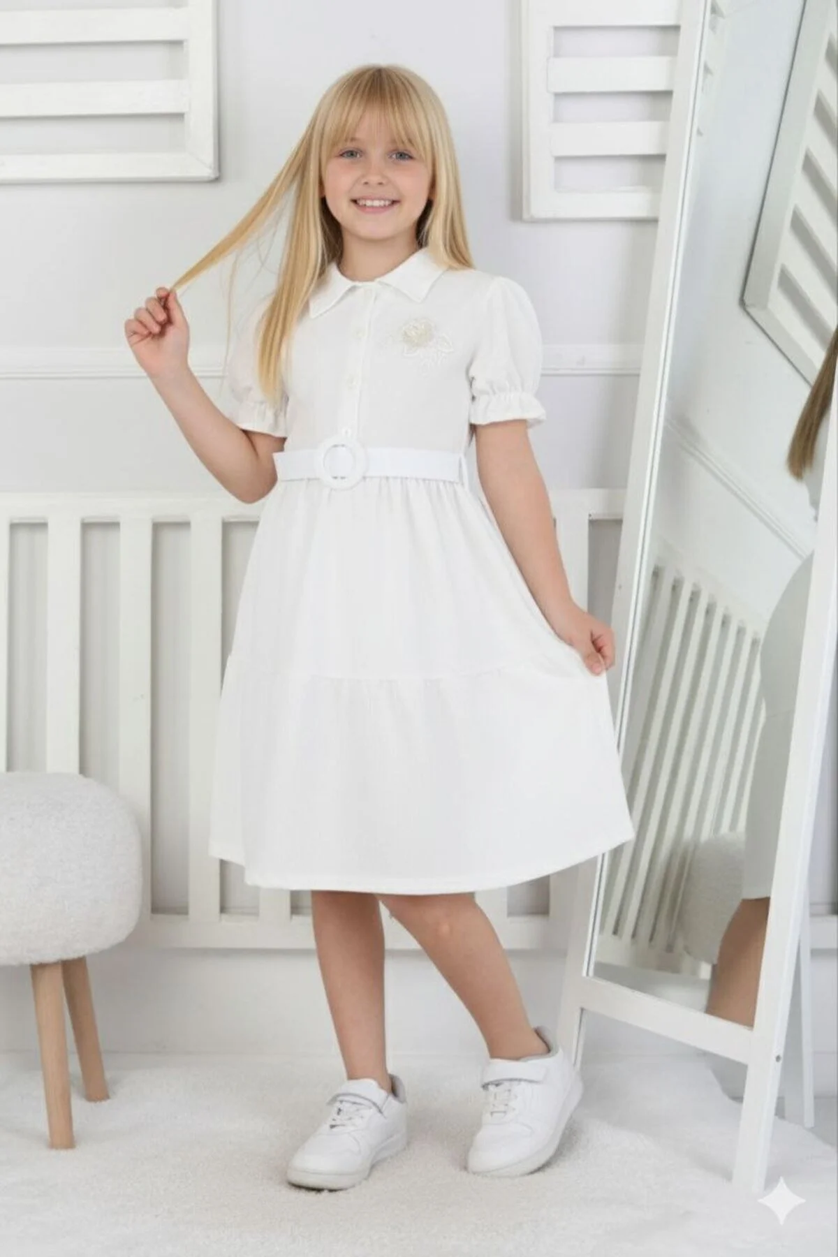 Kemerli Bürümcük Kumaş Bayramlık Çocuk Elbise