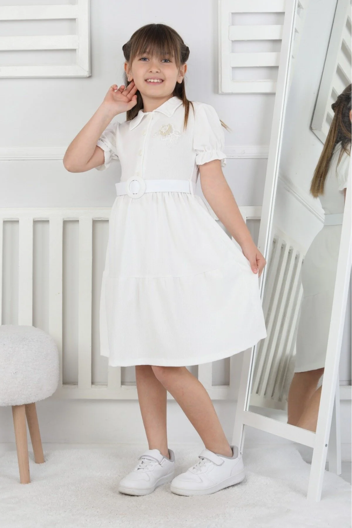 Kemerli Bürümcük Kumaş Bayramlık Çocuk Elbise