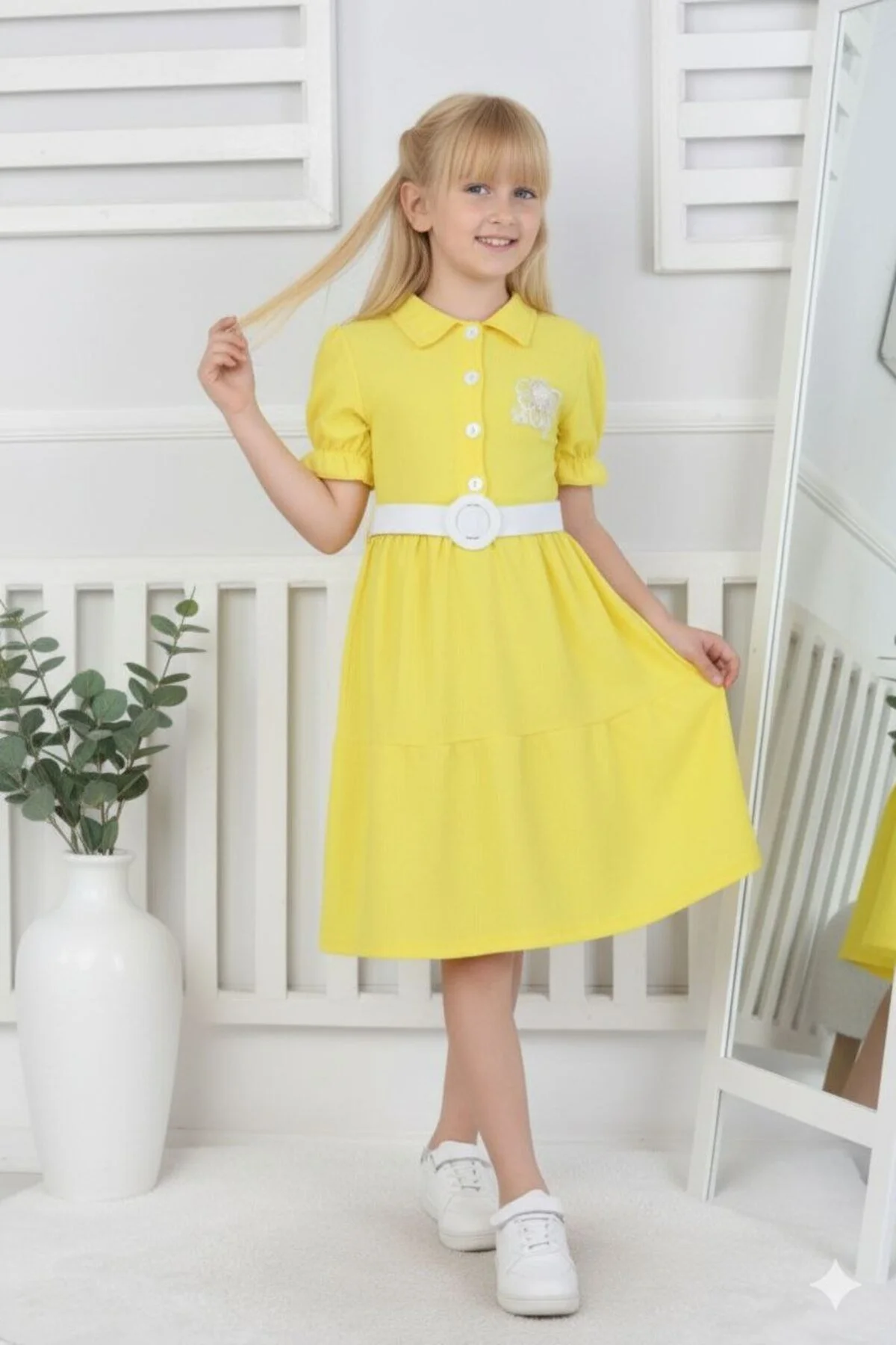Kemerli Bürümcük Kumaş Bayramlık Çocuk Elbise