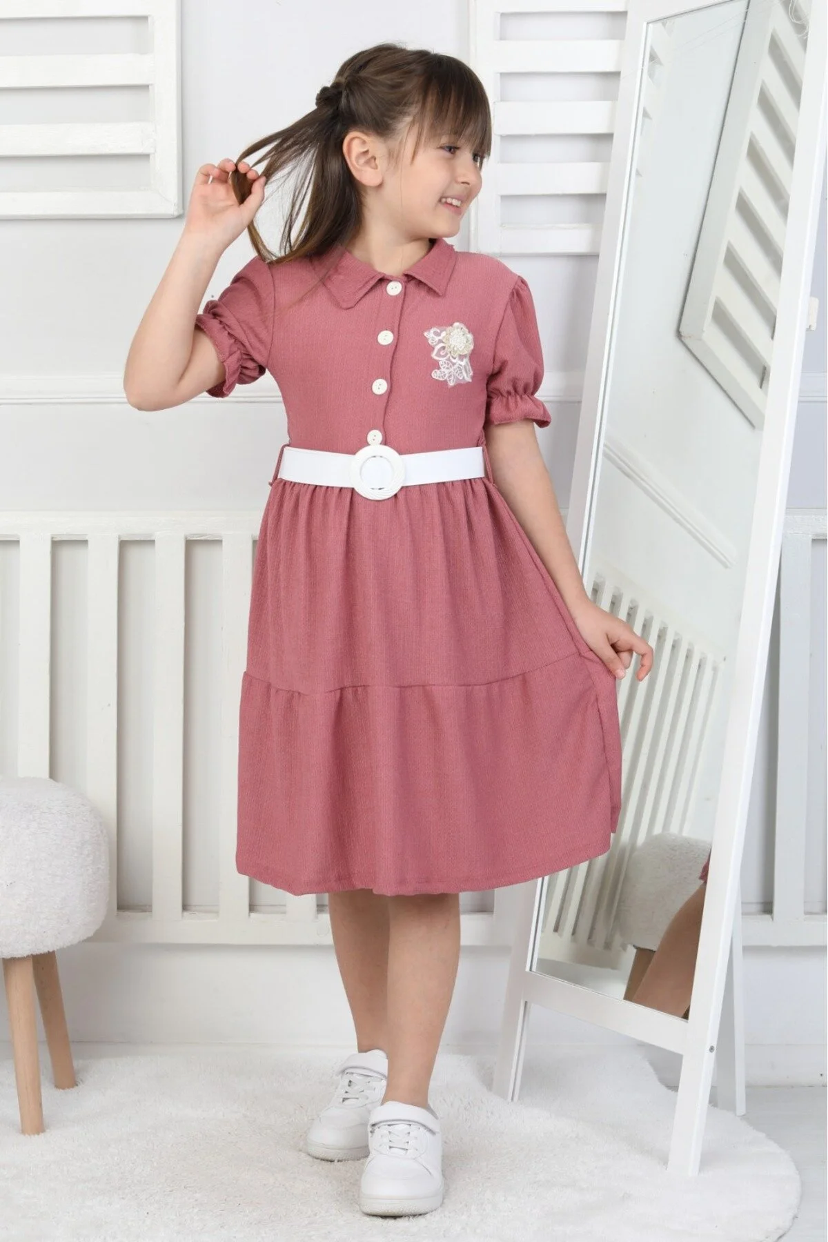 Kemerli Bürümcük Kumaş Bayramlık Çocuk Elbise
