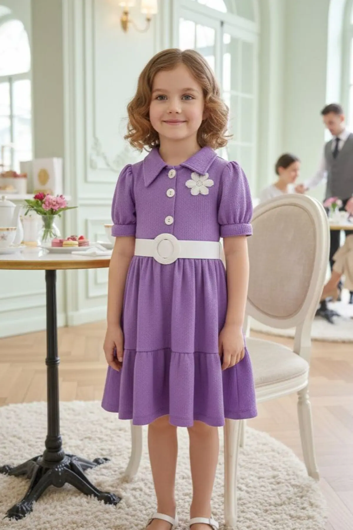 Kemerli Bürümcük Kumaş Bayramlık Lila renk Çocuk Elbise