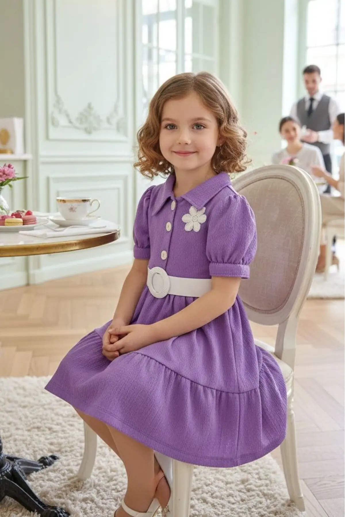 Kemerli Bürümcük Kumaş Bayramlık Lila renk Çocuk Elbise