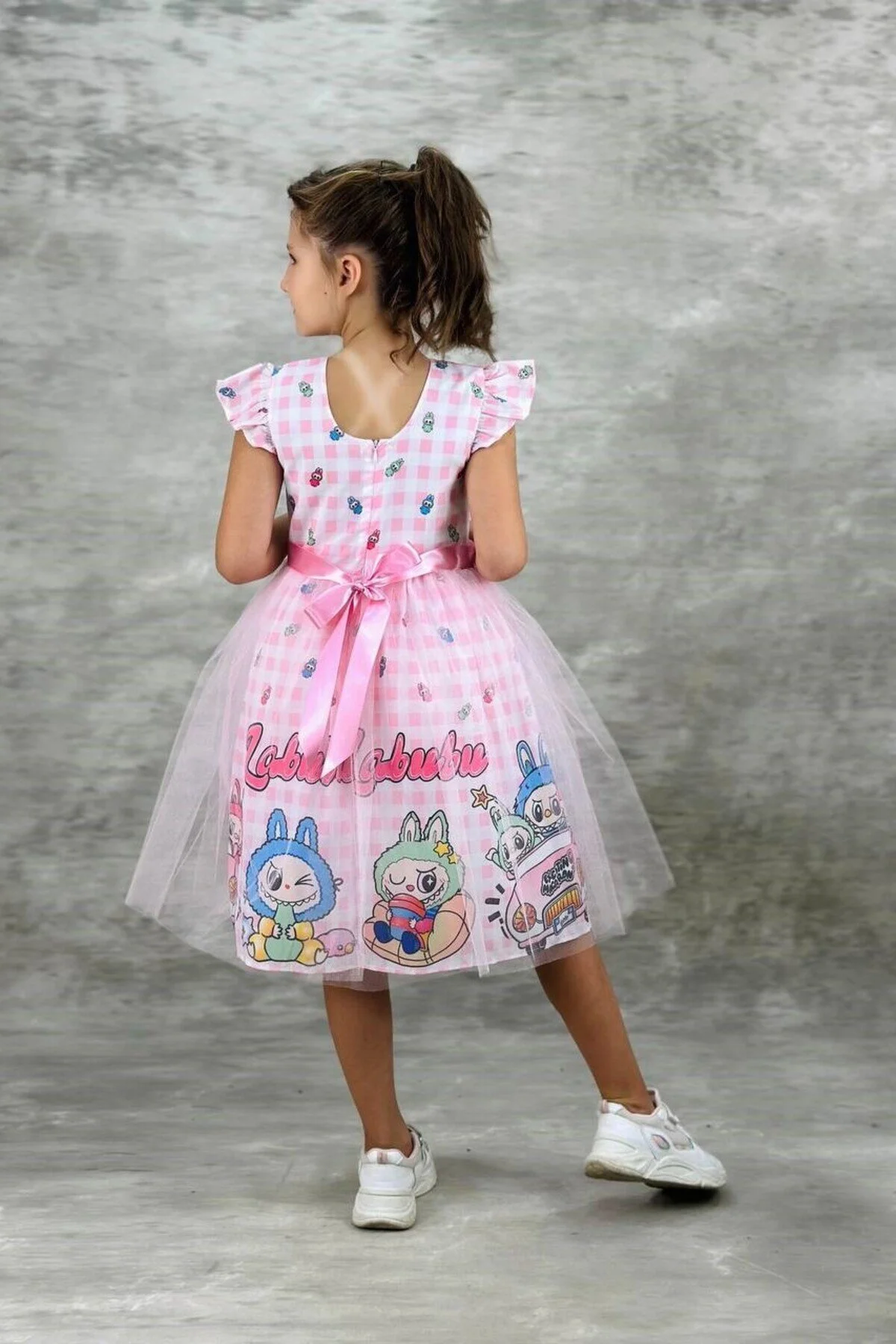 Labubu Karakterli Tül Detaylı Çocuk ELbise Pembe