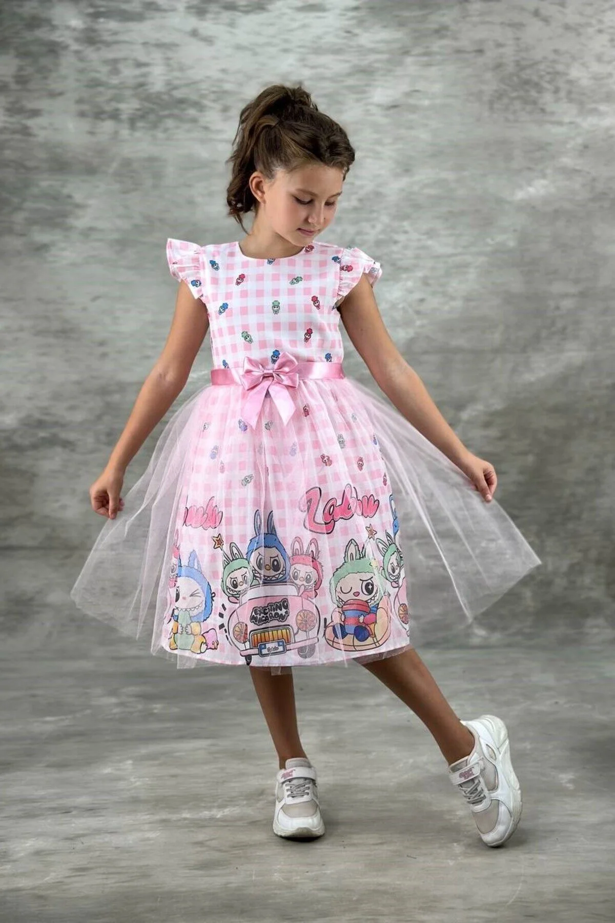 Labubu Karakterli Tül Detaylı Çocuk ELbise Pembe