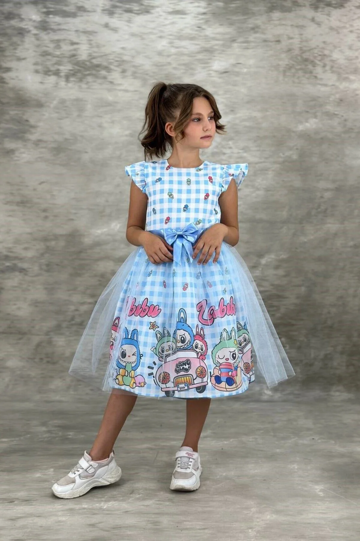 Labubu Karakterli Tül Detaylı Çocuk ELbise Mavi