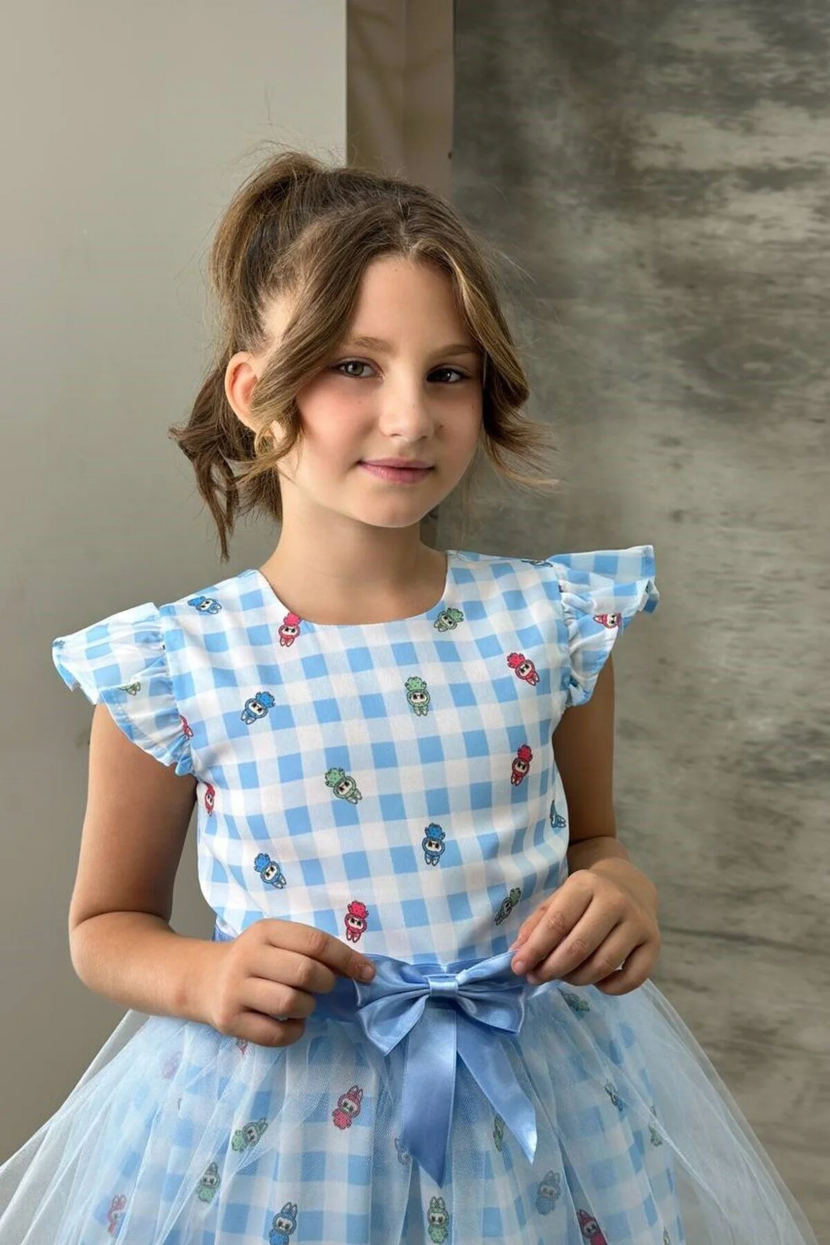 Labubu Karakterli Tül Detaylı Çocuk ELbise Mavi