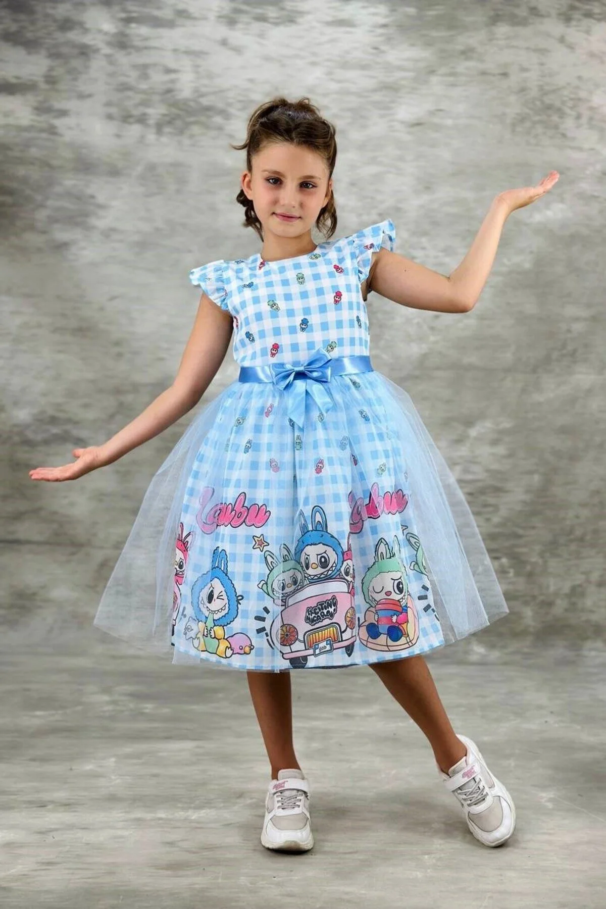 Labubu Karakterli Tül Detaylı Çocuk ELbise Mavi