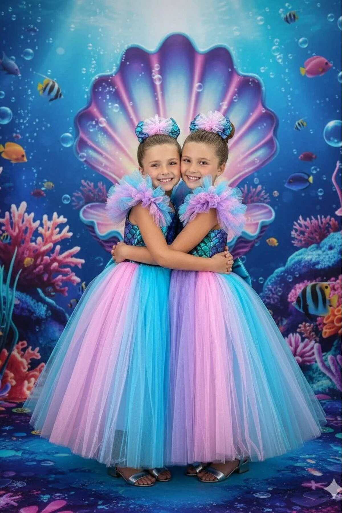 Deniz Kızı Party Balo Kostümü Çok Renkli Kız Çocuk Elbisesi