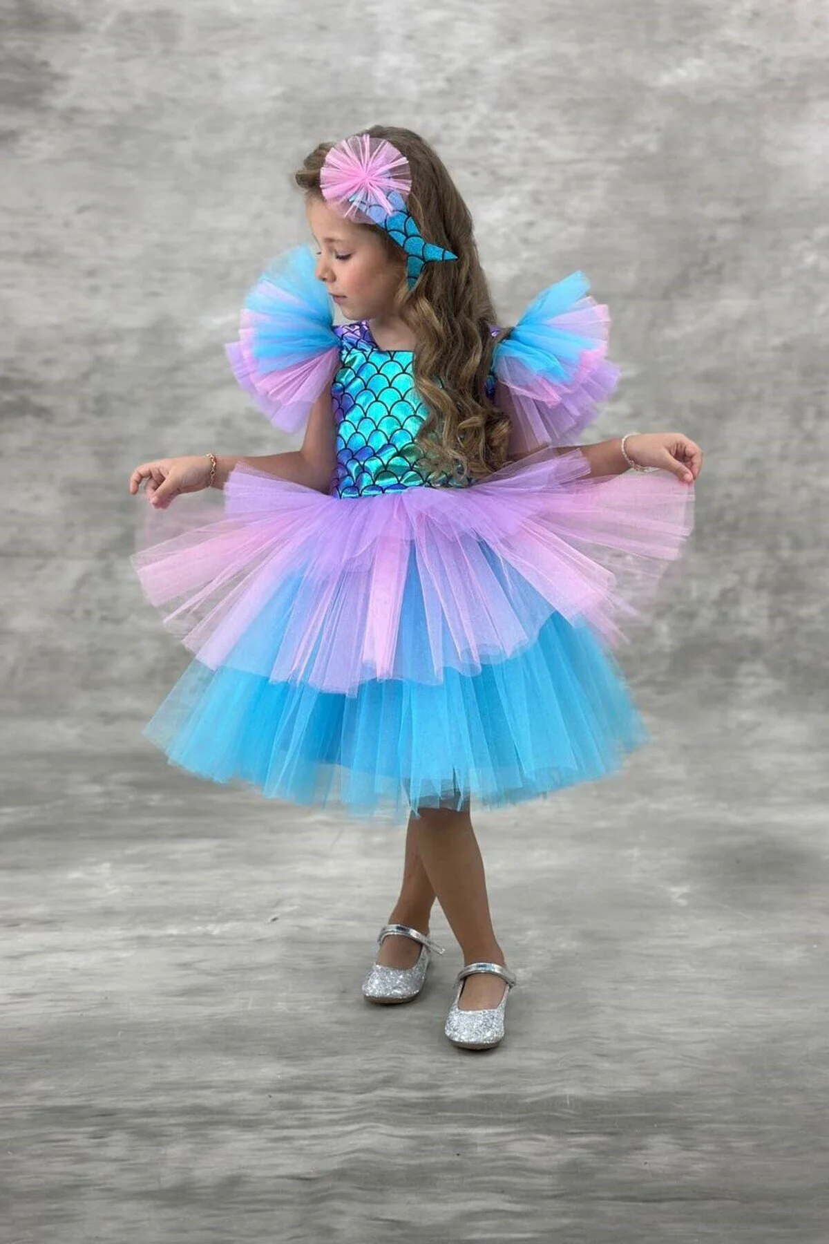 Deniz Kızı Party Balo Kostümü Çok Renkli Kız Çocuk Elbisesi