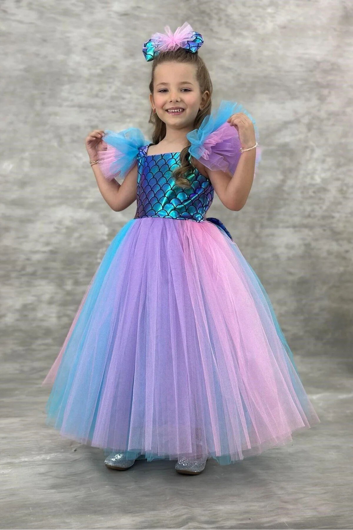 Deniz Kızı Party Balo Kostümü Çok Renkli Kız Çocuk Elbisesi