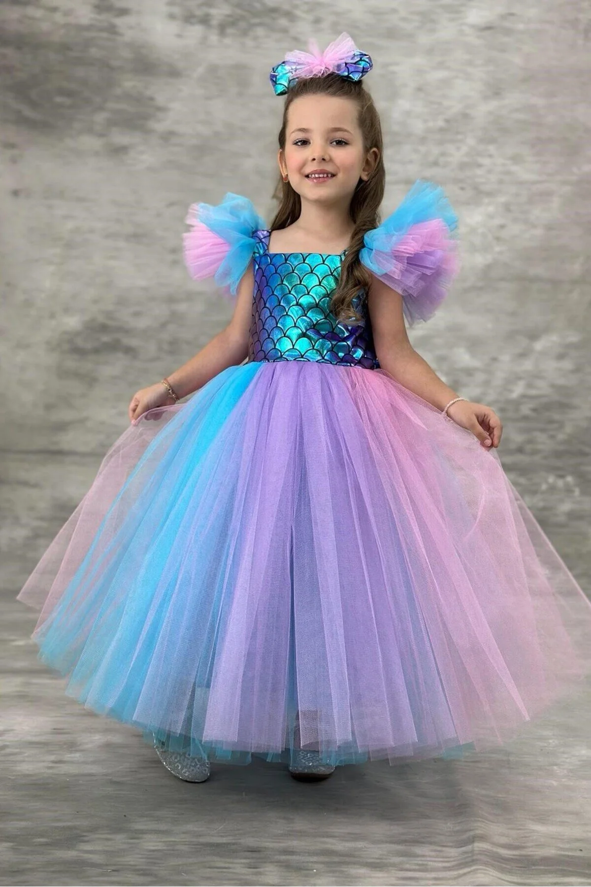 Deniz Kızı Party Balo Kostümü Çok Renkli Kız Çocuk Elbisesi