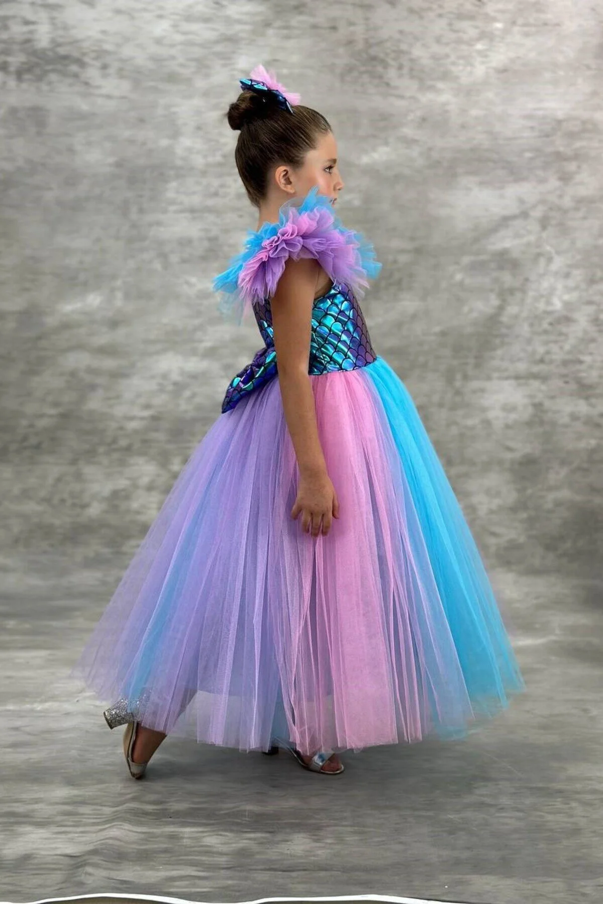 Deniz Kızı Party Balo Kostümü Çok Renkli Kız Çocuk Elbisesi