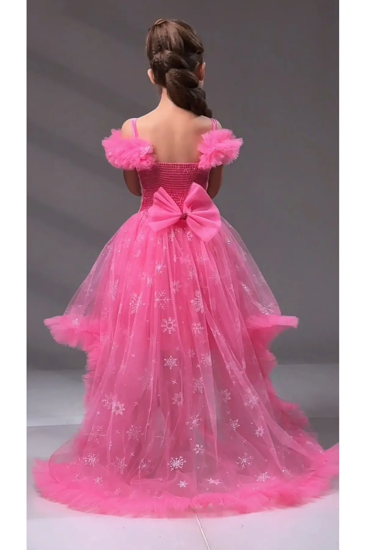 Elsa Pembe Simli Kuyruklu Tarz Parti Elbise Çocuk Abiye Elbisesi