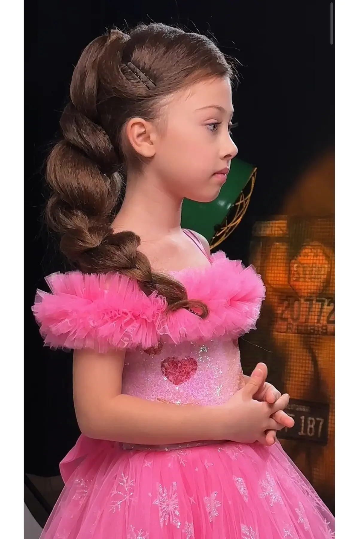 Elsa Pembe Simli Kuyruklu Tarz Parti Elbise Çocuk Abiye Elbisesi