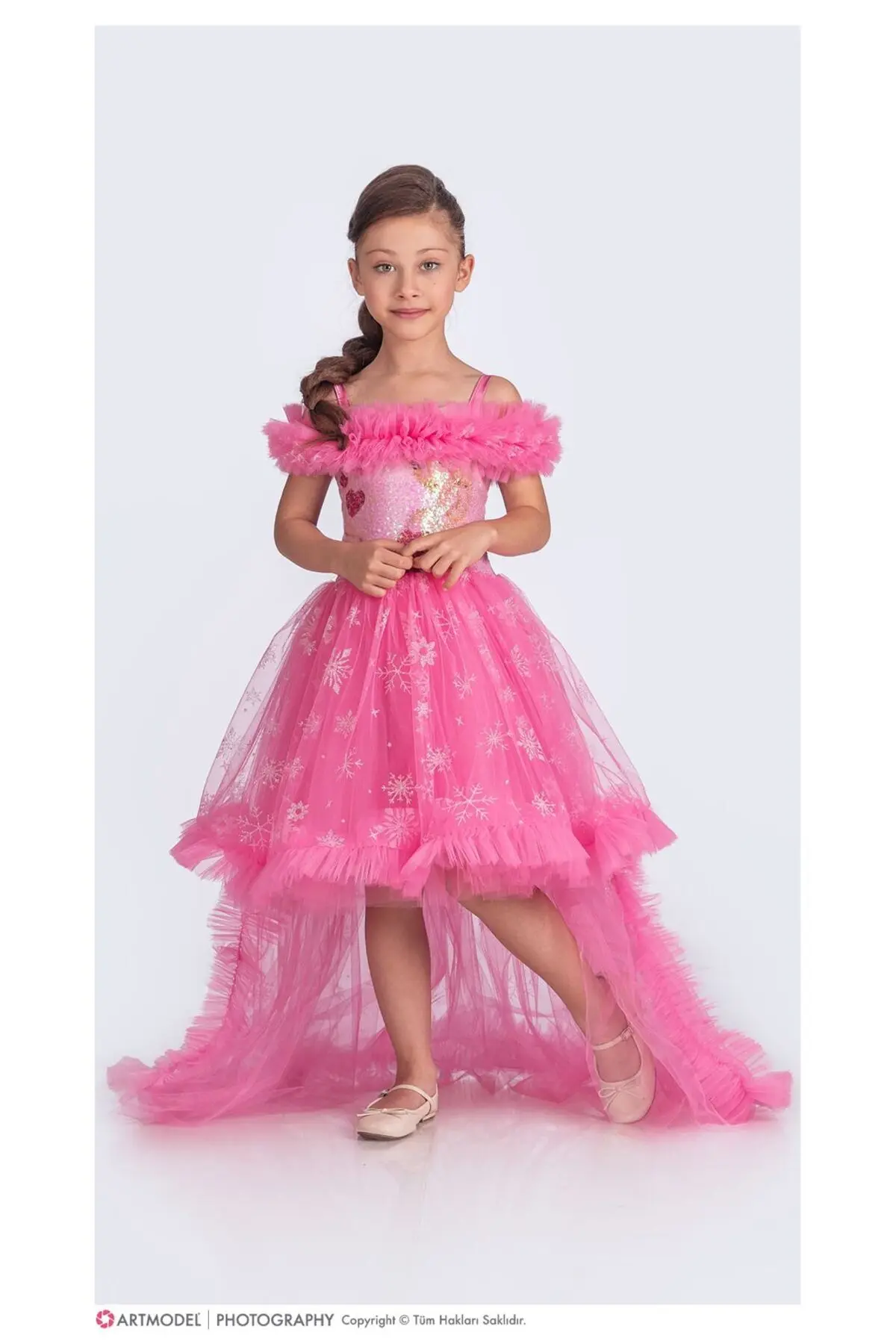 Elsa Pembe Simli Kuyruklu Tarz Parti Elbise Çocuk Abiye Elbisesi