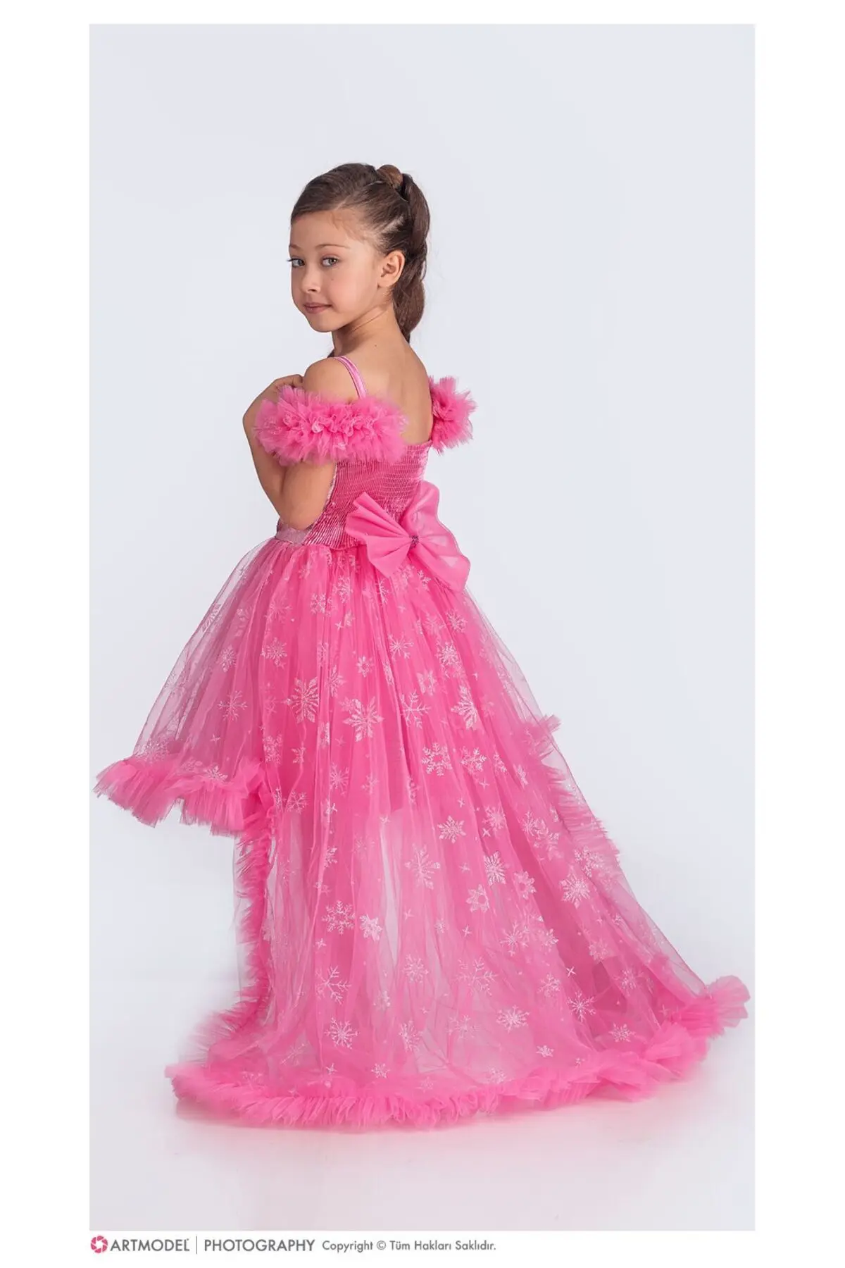 Elsa Pembe Simli Kuyruklu Tarz Parti Elbise Çocuk Abiye Elbisesi