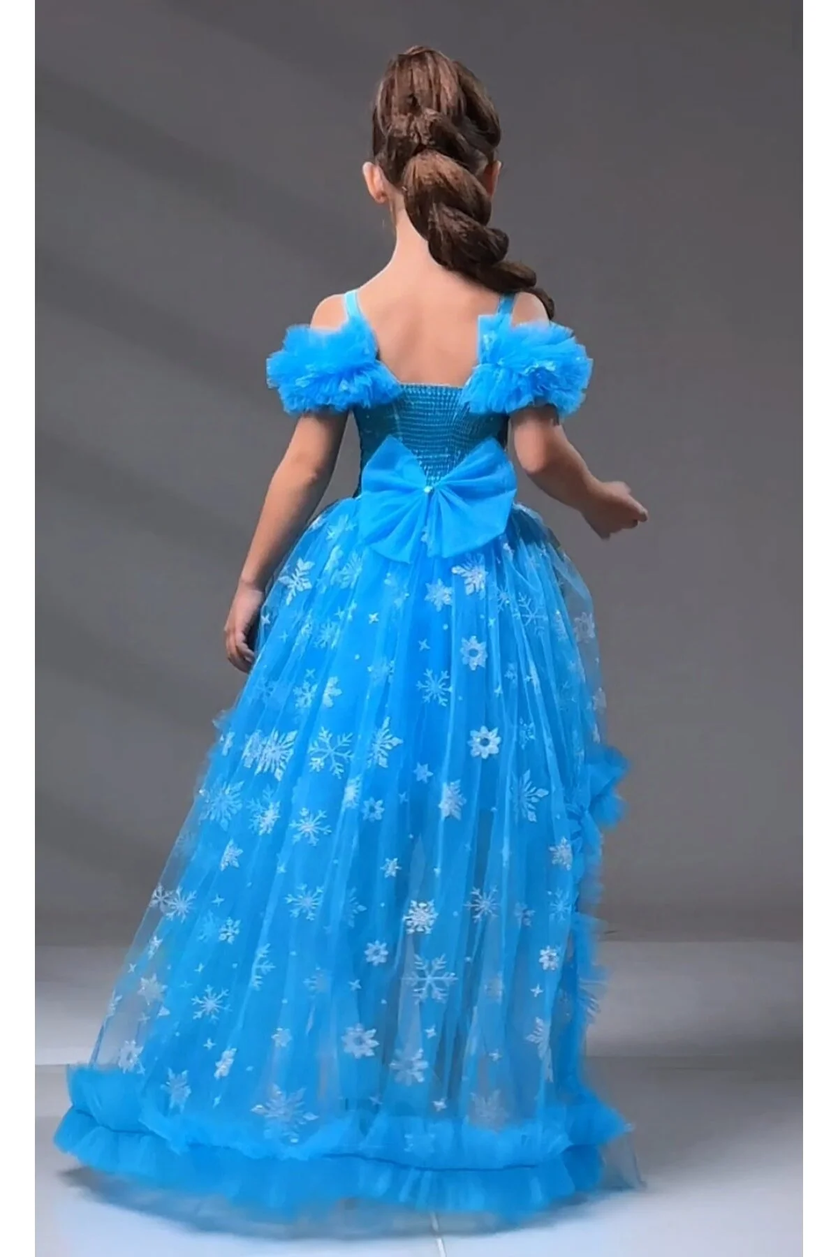 Elsa Mavi Renk Simli Kuyruklu Tarz Parti Elbise Çocuk Abiye Elbisesi
