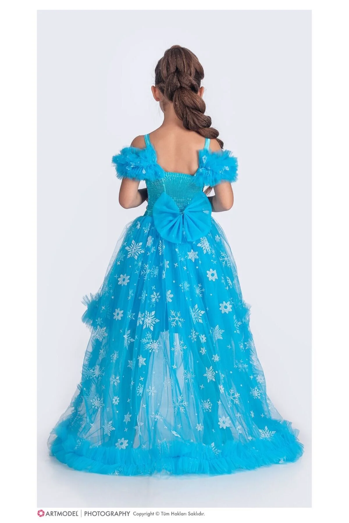 Elsa Mavi Renk Simli Kuyruklu Tarz Parti Elbise Çocuk Abiye Elbisesi