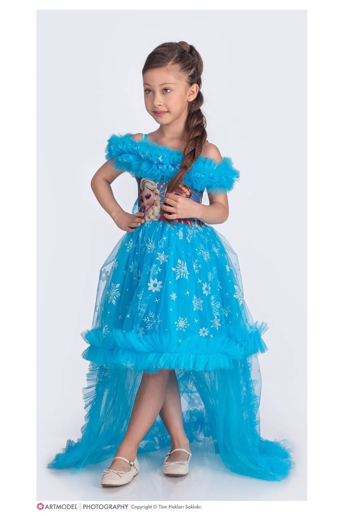Elsa Mavi Renk Simli Kuyruklu Tarz Parti Elbise Çocuk Abiye Elbisesi