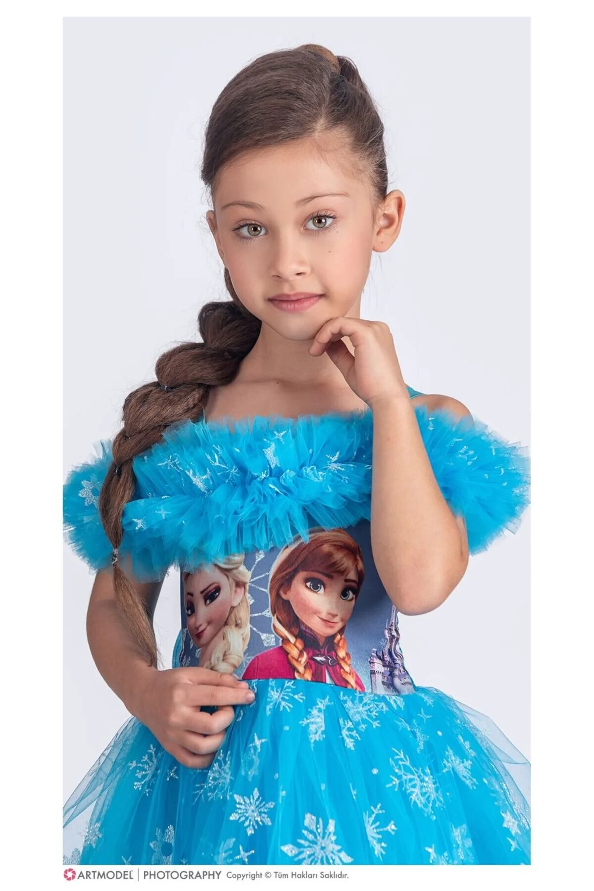 Elsa Mavi Renk Simli Kuyruklu Tarz Parti Elbise Çocuk Abiye Elbisesi
