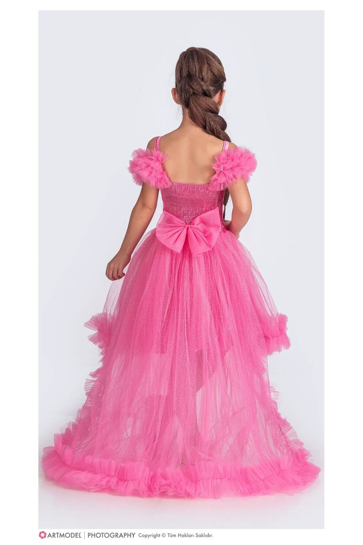 Pembe Renk Payetli Simli Kuyruklu Tarz Düğün Parti Çocuk Abiye Elbisesi