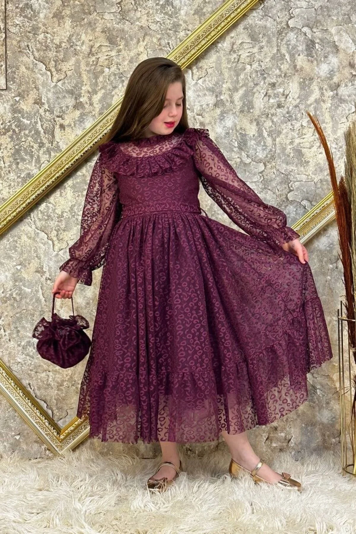 Mürdüm Çantalı Dantelli Tarz Çocuk Abiye