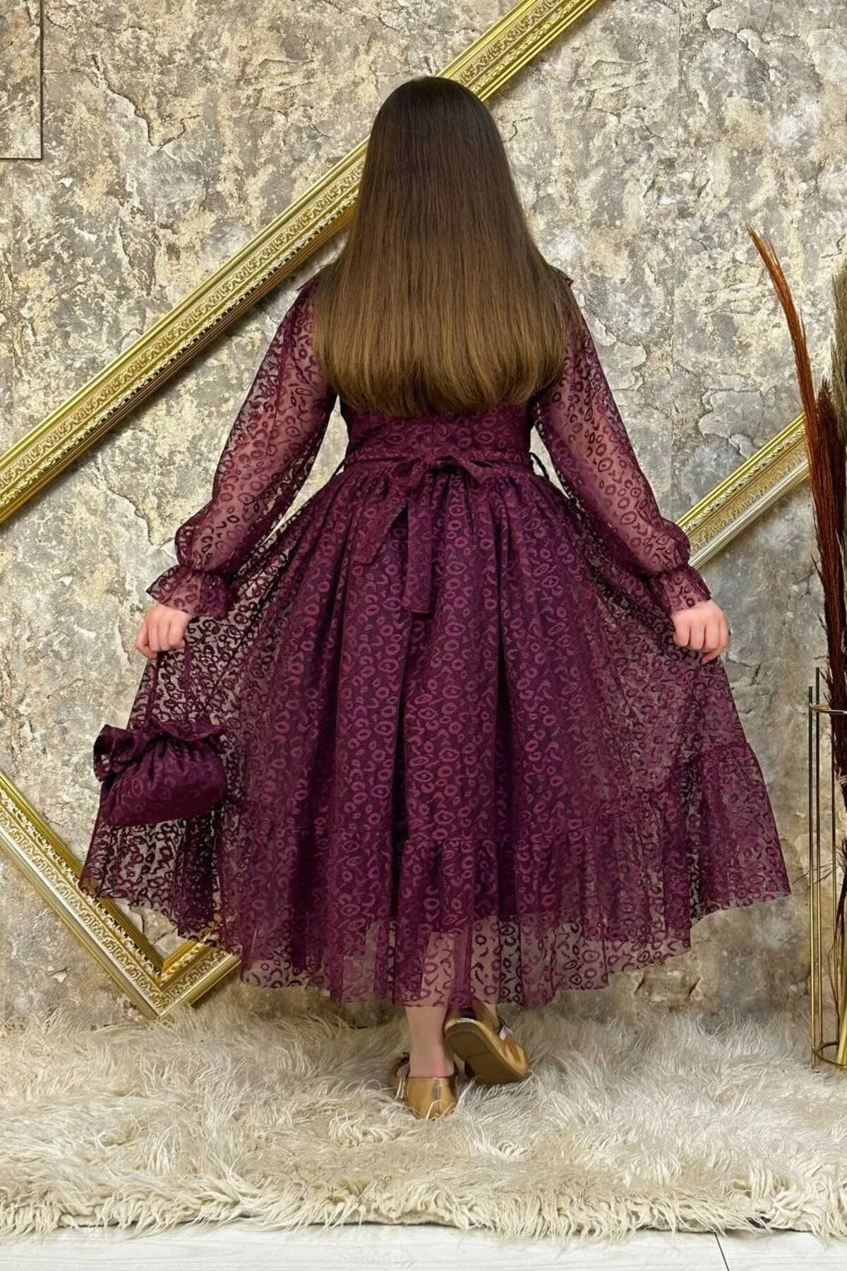 Mürdüm Çantalı Dantelli Tarz Çocuk Abiye