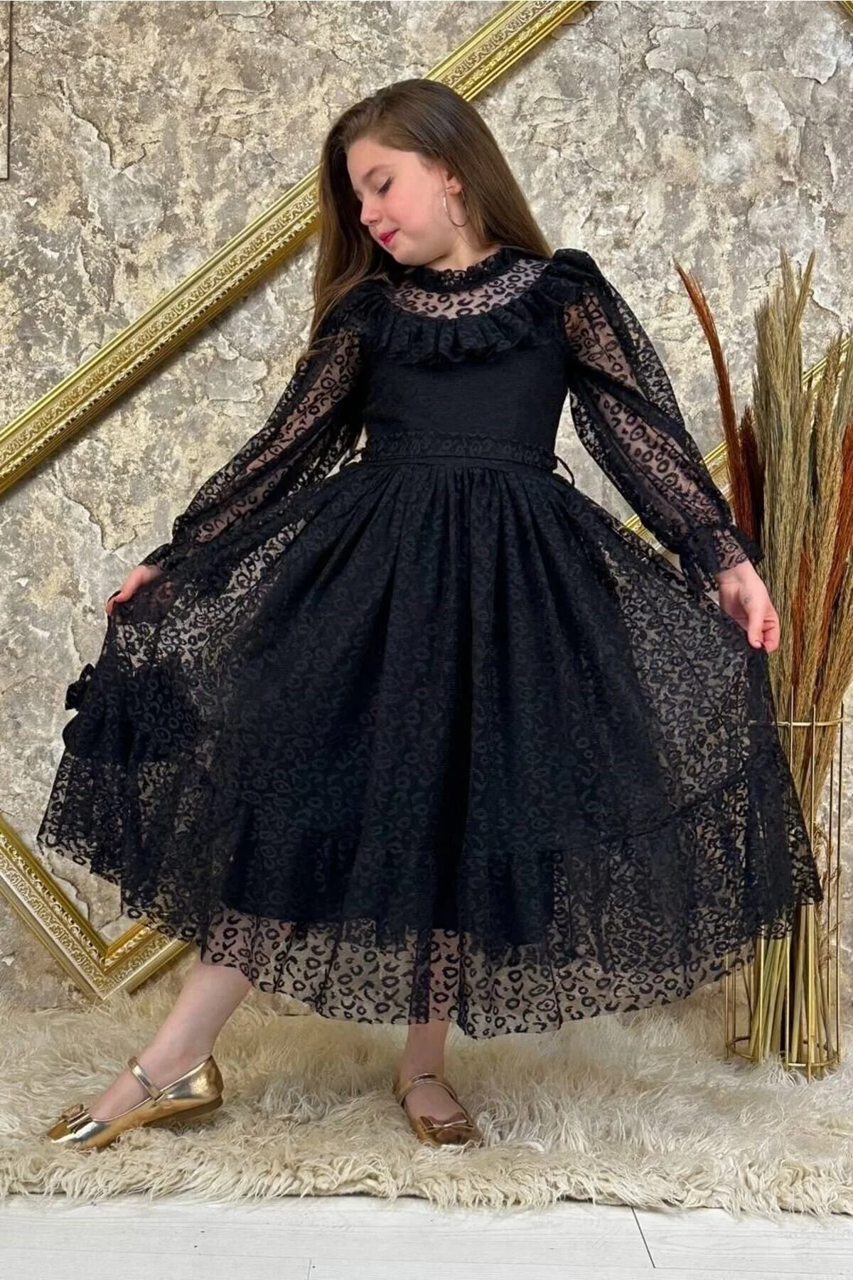 Çantalı Dantelli Tarz Siyah Çocuk Abiye 10/13 Yaş Arası