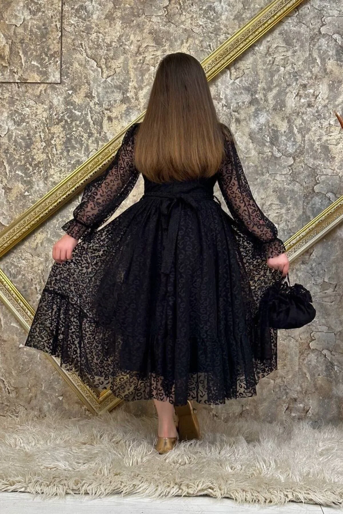 Çantalı Dantelli Tarz Siyah Çocuk Abiye 10/13 Yaş Arası