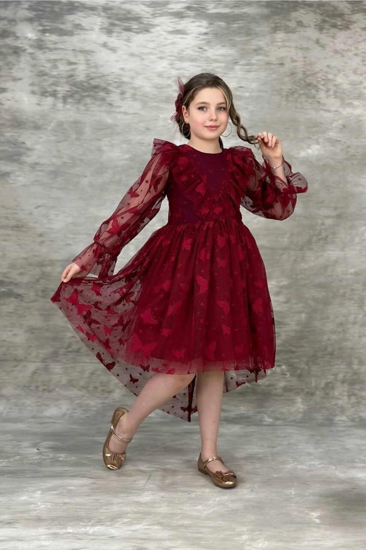 Kelebek Desenli Kuyruklu Uzun Kollu Bordo Çocuk Abiye 10/13 Yaş Arası