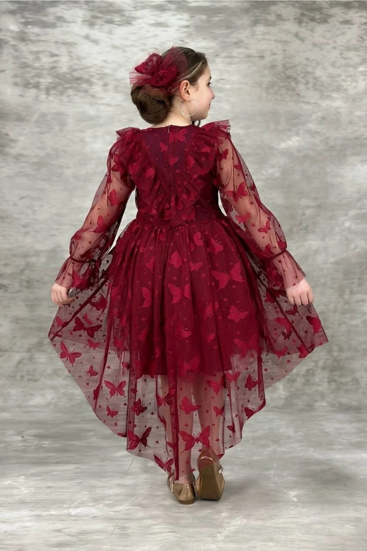 Kelebek Desenli Kuyruklu Uzun Kollu Bordo Çocuk Abiye 10/13 Yaş Arası