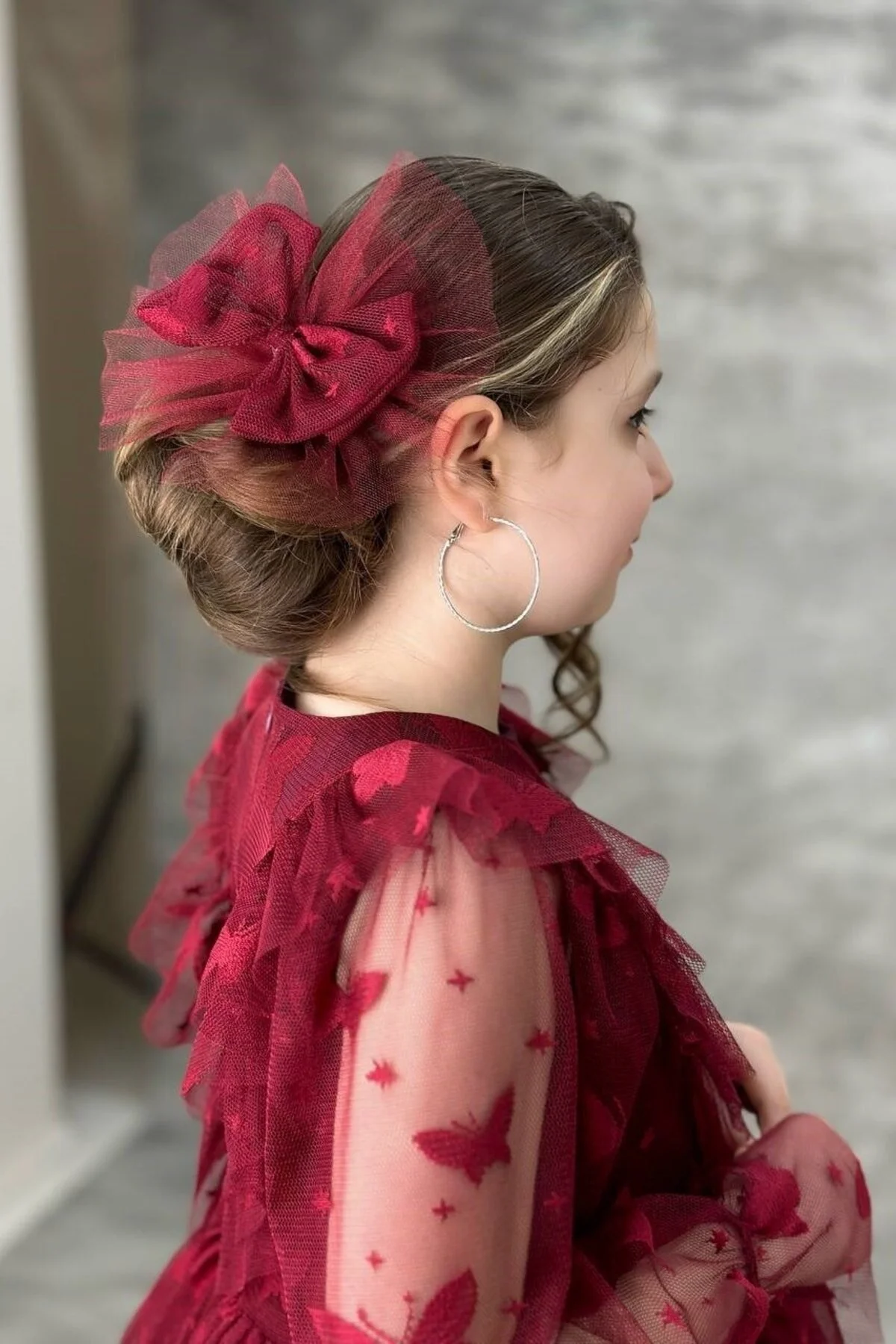 Kelebek Desenli Kuyruklu Uzun Kollu Bordo Çocuk Abiye 10/13 Yaş Arası