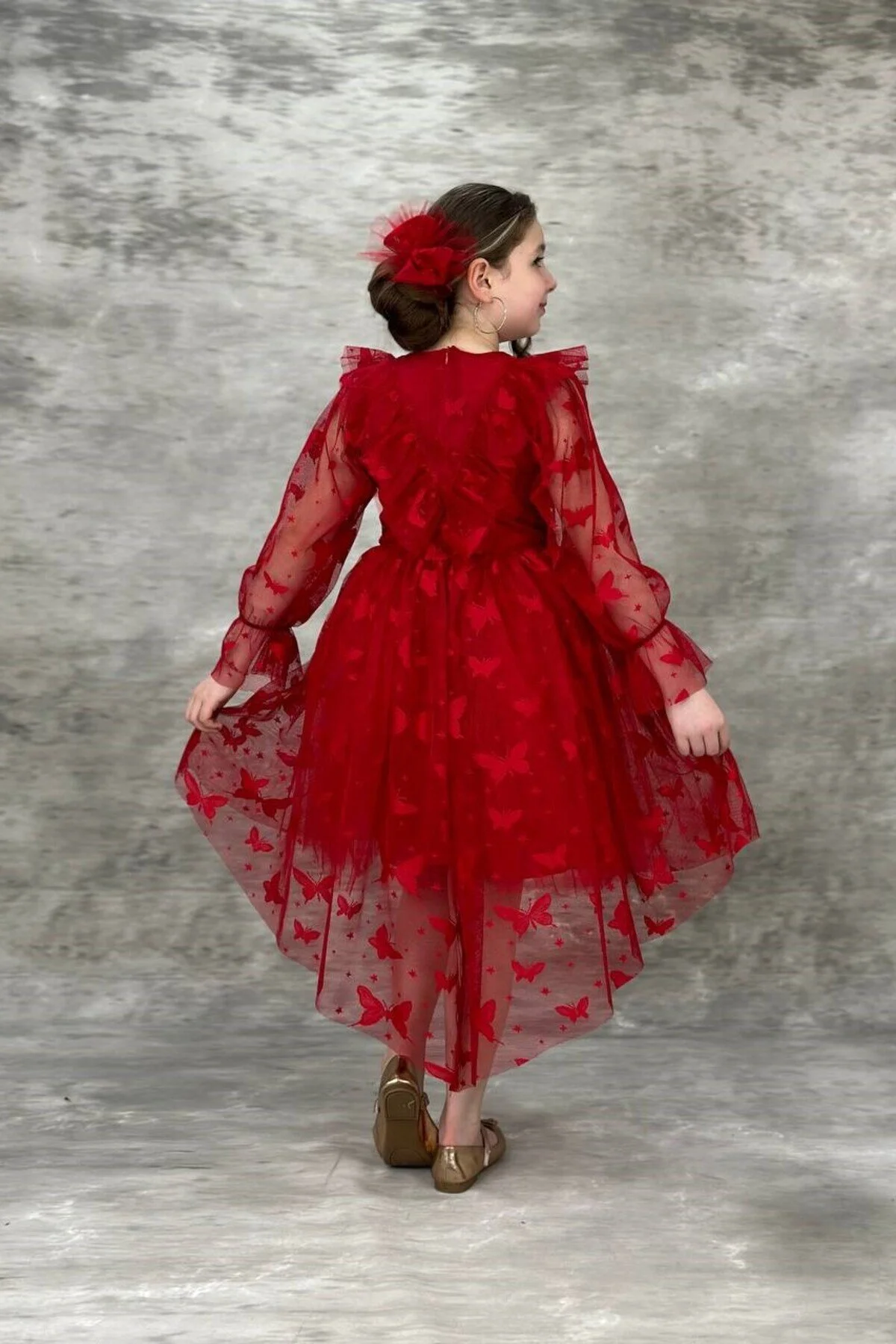 Kelebek Desenli Kuyruklu Uzun Kollu Kırmızı Çocuk Abiye Garsonboy 10/13 Yaş Arası