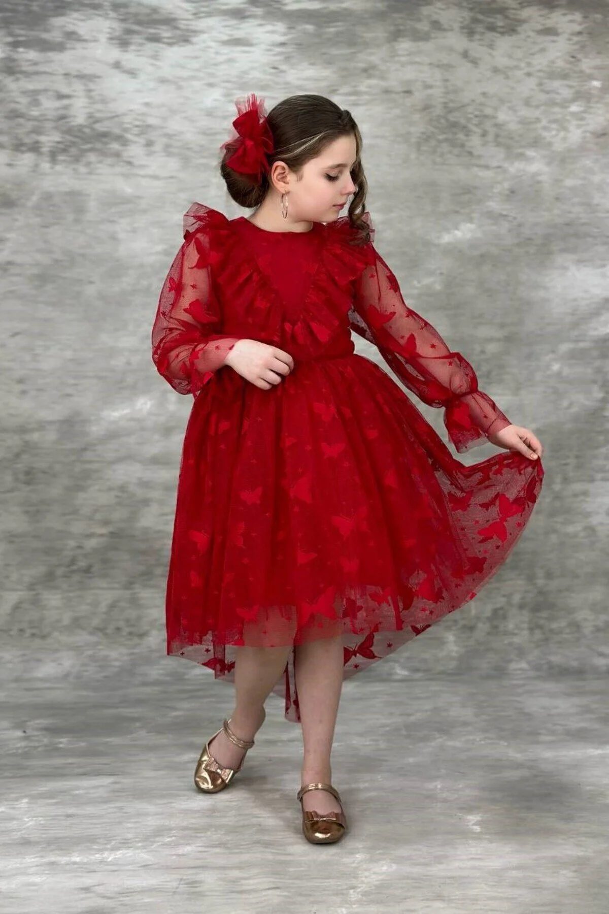 Kelebek Desenli Kuyruklu Uzun Kollu Kırmızı Çocuk Abiye Garsonboy 10/13 Yaş Arası